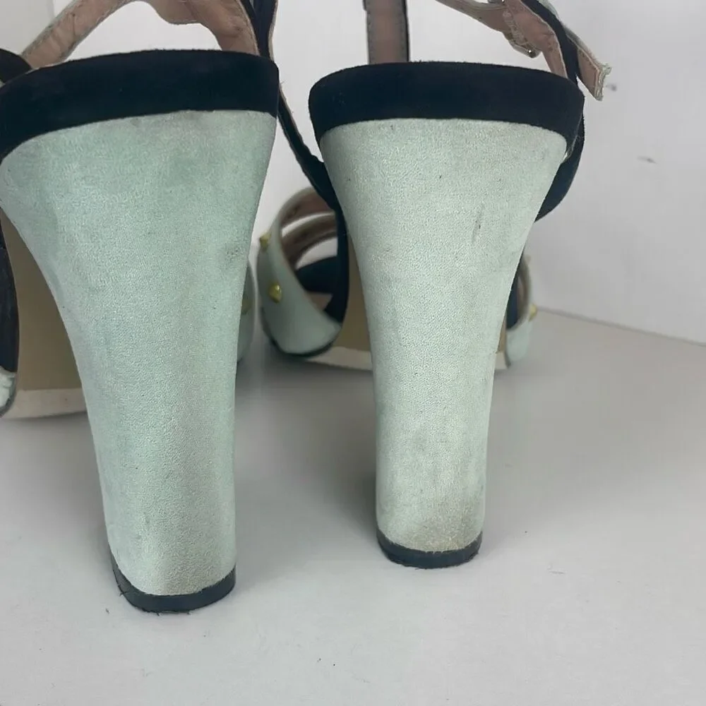 Gold Spiked Caged Faux Suede T-Strap Heels 7